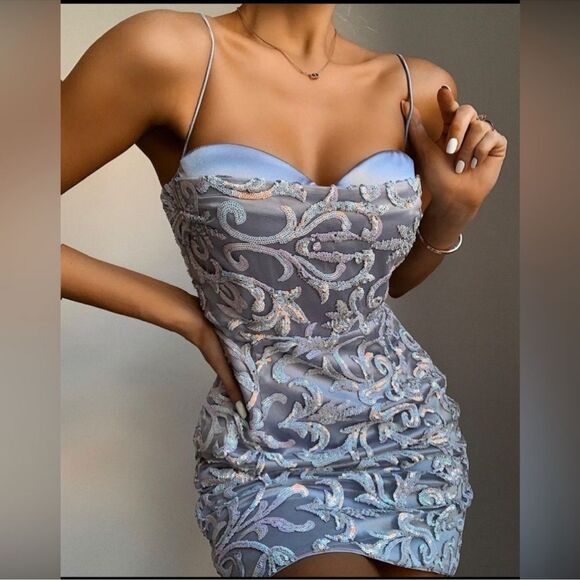 NWT Naked Wardrobe Sequin Sweetheart Spaghetti Strap Mini Dress in Purple Blue M - Picture 1 of 13